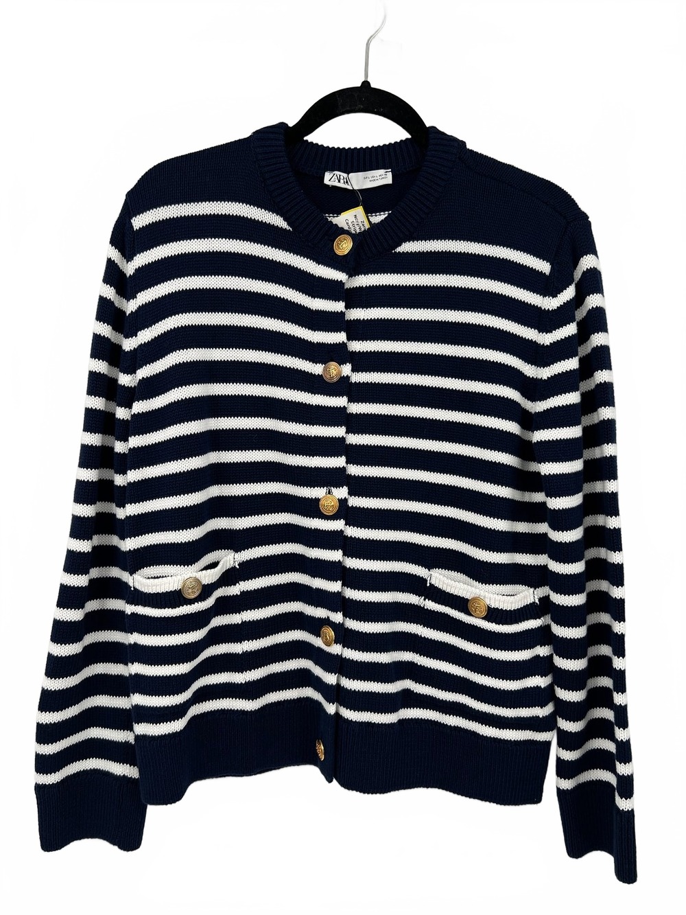 Zara White-Blue Cardigan Striped with Pockets Button | Womens L